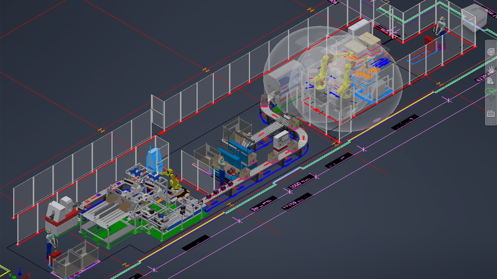 Fabriklayout in den Factory Design Utilities. Über dem farbigen 2D-Layout aus Linien und Bemassungen steht das dreidimensionale Modell derselben Anlage mit Förderstrecke, Schutzzaun und einer Roboterzelle samt Reichweitenhülle.