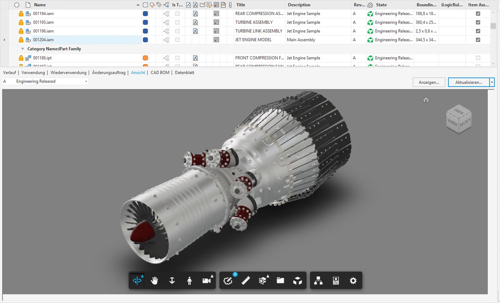 Autodesk Vault mit der Baugruppenstruktur eines Triebwerks. Jede Datei zeigt Revisionsstand A und den Status Engineering Released, darunter die Vorschau des dreidimensionalen Modells.